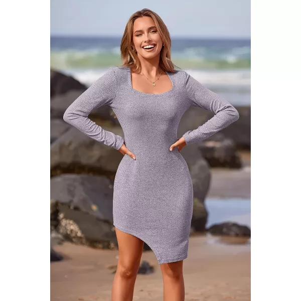 imagePRETTYGARDEN Womens Sexy Mini Bodycon Dresses Long Sleeve Square Neck Thigh Slit Tight Fitted DressBlue