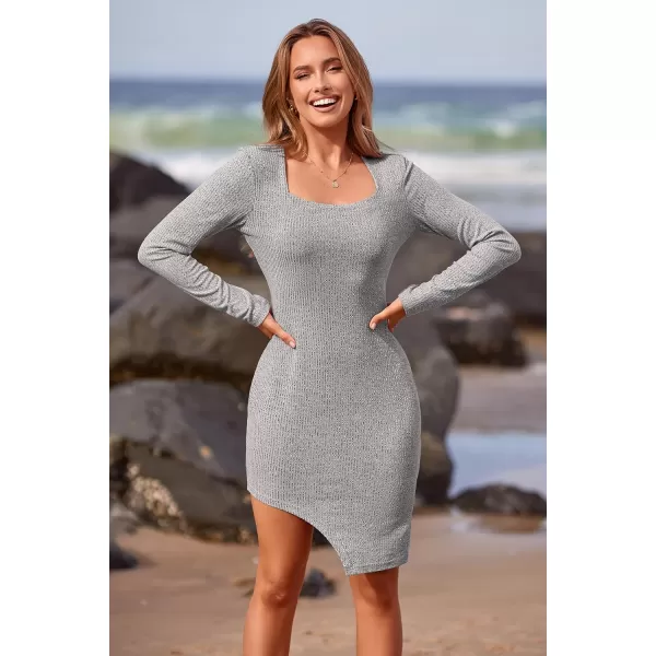 imagePRETTYGARDEN Womens Sexy Mini Bodycon Dresses Long Sleeve Square Neck Thigh Slit Tight Fitted DressGrey