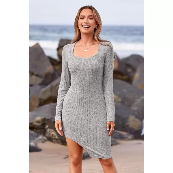 imagePRETTYGARDEN Womens Sexy Mini Bodycon Dresses Long Sleeve Square Neck Thigh Slit Tight Fitted DressGrey
