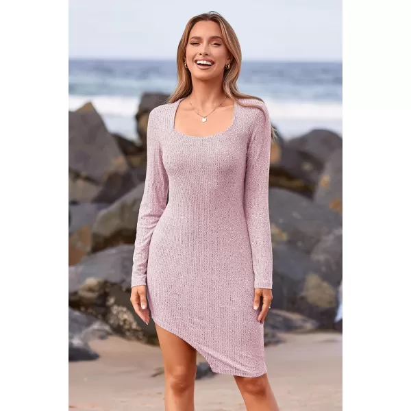 imagePRETTYGARDEN Womens Sexy Mini Bodycon Dresses Long Sleeve Square Neck Thigh Slit Tight Fitted DressPink