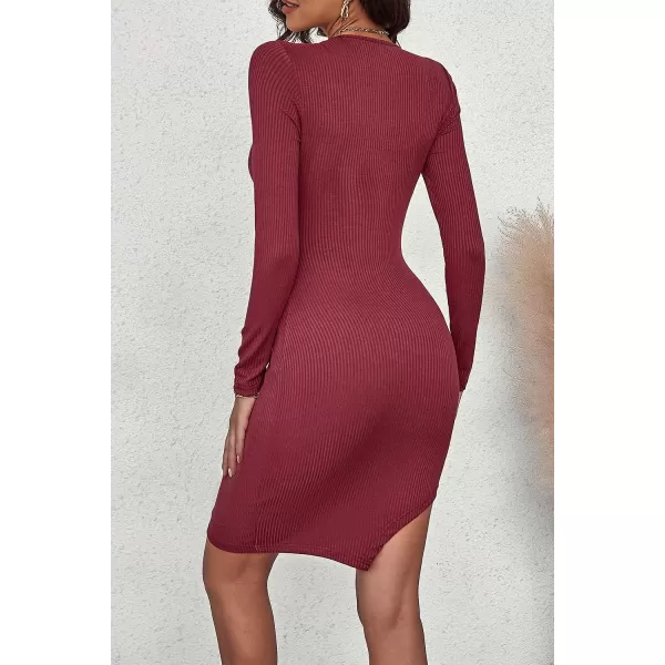 imagePRETTYGARDEN Womens Sexy Mini Bodycon Dresses Long Sleeve Square Neck Thigh Slit Tight Fitted DressWine Red