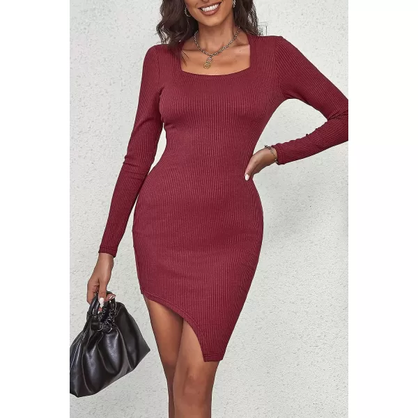 imagePRETTYGARDEN Womens Sexy Mini Bodycon Dresses Long Sleeve Square Neck Thigh Slit Tight Fitted DressWine Red