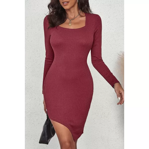 imagePRETTYGARDEN Womens Sexy Mini Bodycon Dresses Long Sleeve Square Neck Thigh Slit Tight Fitted DressWine Red