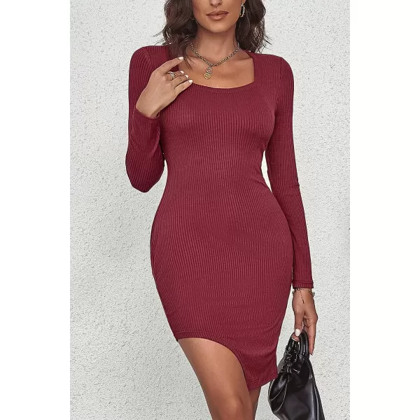 imagePRETTYGARDEN Womens Sexy Mini Bodycon Dresses Long Sleeve Square Neck Thigh Slit Tight Fitted DressWine Red
