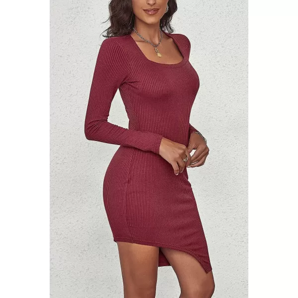 imagePRETTYGARDEN Womens Sexy Mini Bodycon Dresses Long Sleeve Square Neck Thigh Slit Tight Fitted DressWine Red