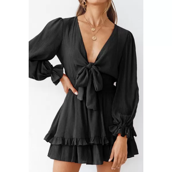 imagePRETTYGARDEN Womens Short ALine Flare Dress Knot Front Long Sleeve V Neck Tiered Ruffle Swing Mini Skater DressesBlack