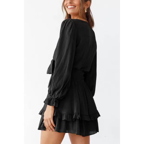 imagePRETTYGARDEN Womens Short ALine Flare Dress Knot Front Long Sleeve V Neck Tiered Ruffle Swing Mini Skater DressesBlack