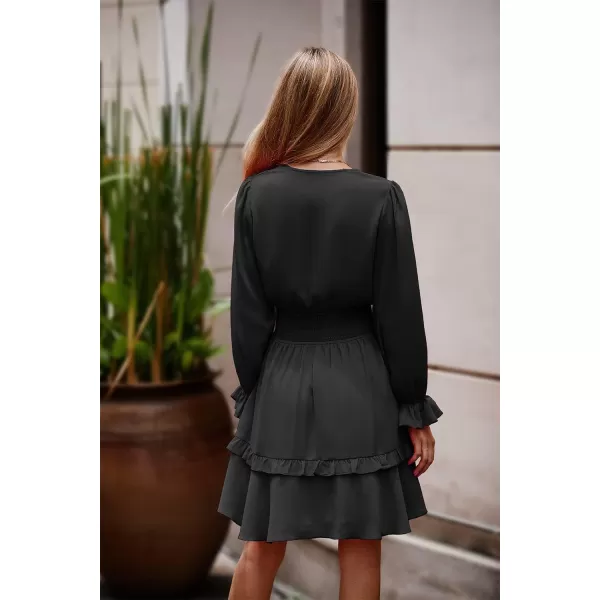 imagePRETTYGARDEN Womens Short ALine Flare Dress Knot Front Long Sleeve V Neck Tiered Ruffle Swing Mini Skater DressesBlack