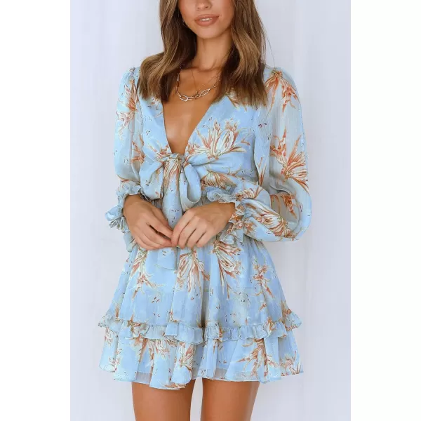 imagePRETTYGARDEN Womens Short ALine Flare Dress Knot Front Long Sleeve V Neck Tiered Ruffle Swing Mini Skater DressesBlue Floral