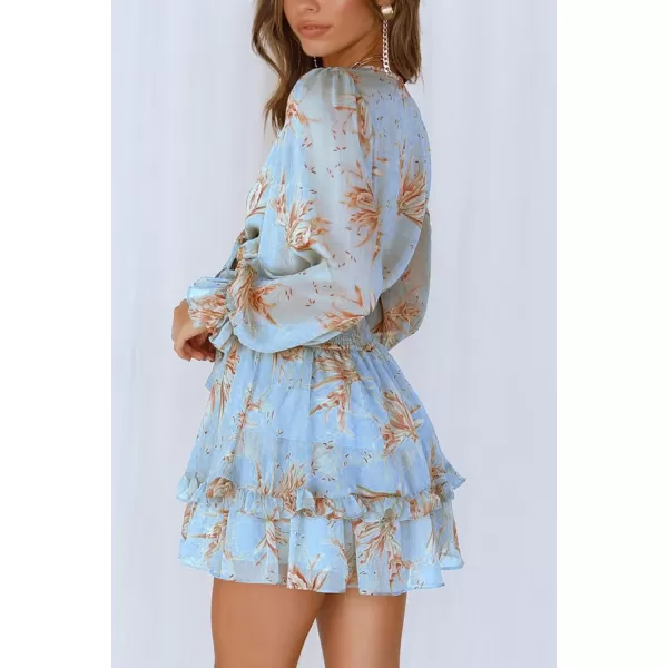 imagePRETTYGARDEN Womens Short ALine Flare Dress Knot Front Long Sleeve V Neck Tiered Ruffle Swing Mini Skater DressesBlue Floral