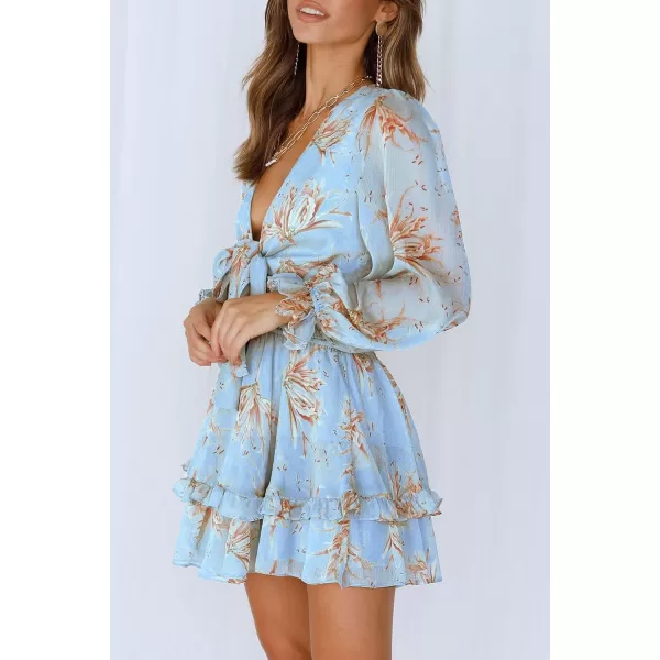 imagePRETTYGARDEN Womens Short ALine Flare Dress Knot Front Long Sleeve V Neck Tiered Ruffle Swing Mini Skater DressesBlue Floral
