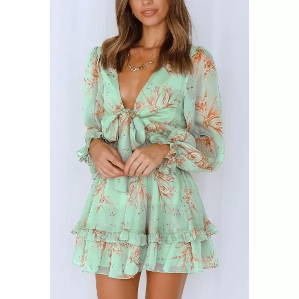 imagePRETTYGARDEN Womens Short ALine Flare Dress Knot Front Long Sleeve V Neck Tiered Ruffle Swing Mini Skater DressesGreen Floral