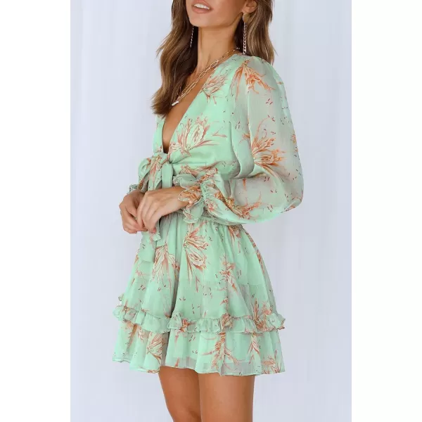 imagePRETTYGARDEN Womens Short ALine Flare Dress Knot Front Long Sleeve V Neck Tiered Ruffle Swing Mini Skater DressesGreen Floral