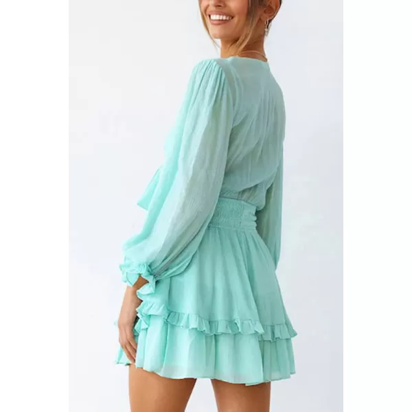 imagePRETTYGARDEN Womens Short ALine Flare Dress Knot Front Long Sleeve V Neck Tiered Ruffle Swing Mini Skater DressesLight Green