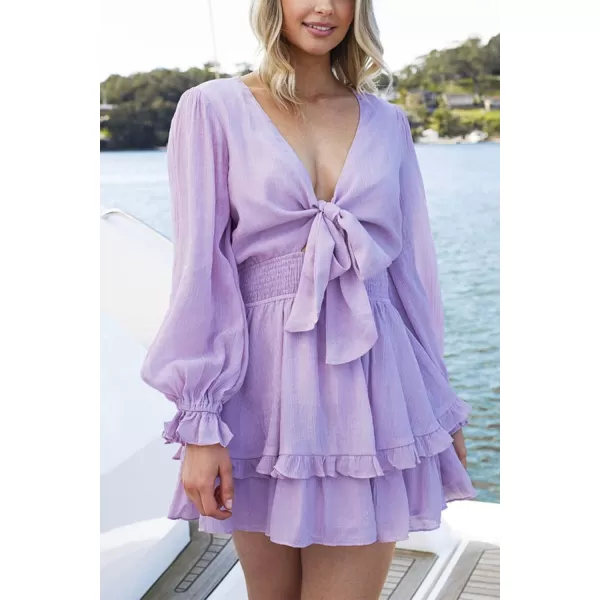 imagePRETTYGARDEN Womens Short ALine Flare Dress Knot Front Long Sleeve V Neck Tiered Ruffle Swing Mini Skater DressesLight Purple