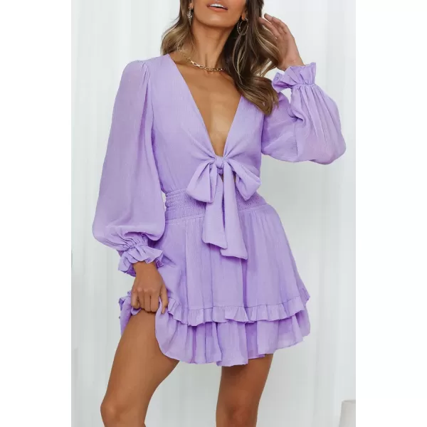imagePRETTYGARDEN Womens Short ALine Flare Dress Knot Front Long Sleeve V Neck Tiered Ruffle Swing Mini Skater DressesLight Purple