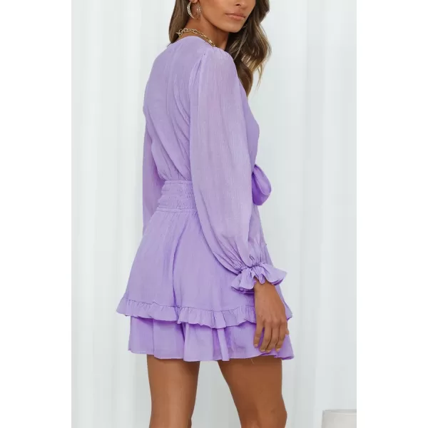 imagePRETTYGARDEN Womens Short ALine Flare Dress Knot Front Long Sleeve V Neck Tiered Ruffle Swing Mini Skater DressesLight Purple