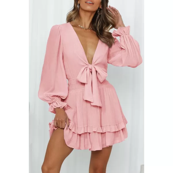 imagePRETTYGARDEN Womens Short ALine Flare Dress Knot Front Long Sleeve V Neck Tiered Ruffle Swing Mini Skater DressesPink