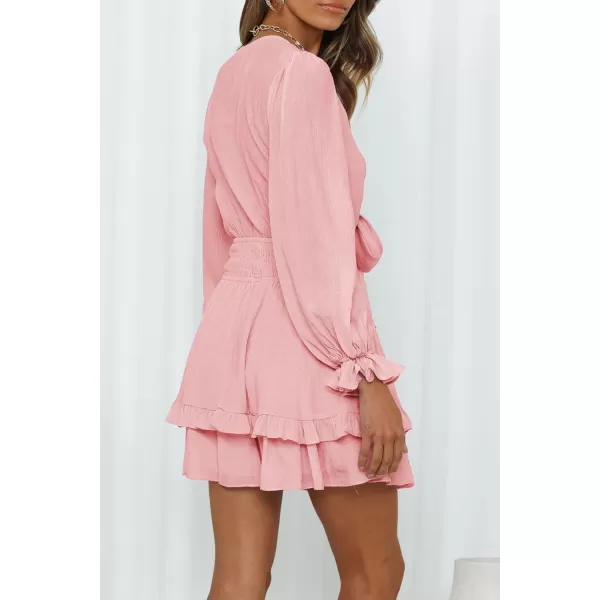 imagePRETTYGARDEN Womens Short ALine Flare Dress Knot Front Long Sleeve V Neck Tiered Ruffle Swing Mini Skater DressesPink