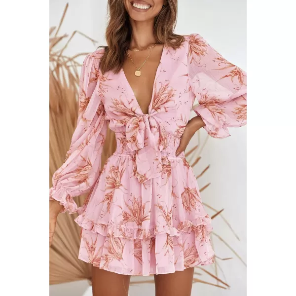 imagePRETTYGARDEN Womens Short ALine Flare Dress Knot Front Long Sleeve V Neck Tiered Ruffle Swing Mini Skater DressesPink Floral