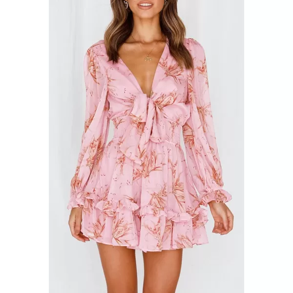 imagePRETTYGARDEN Womens Short ALine Flare Dress Knot Front Long Sleeve V Neck Tiered Ruffle Swing Mini Skater DressesPink Floral