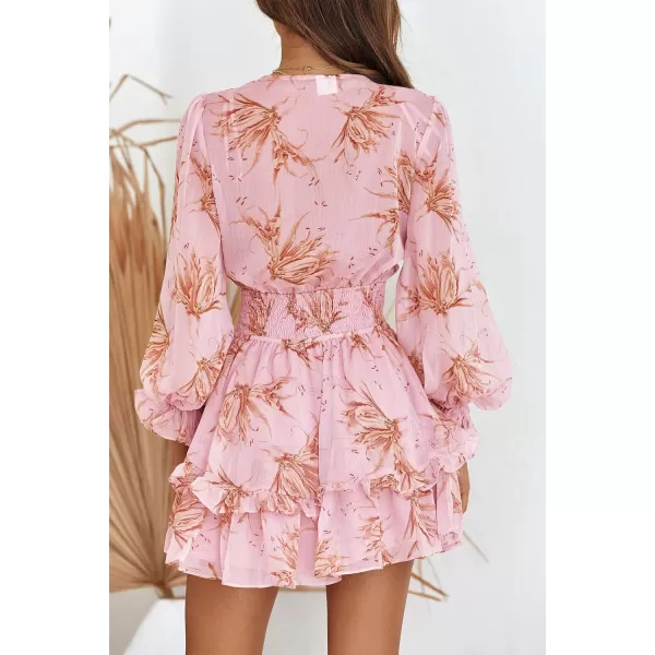 imagePRETTYGARDEN Womens Short ALine Flare Dress Knot Front Long Sleeve V Neck Tiered Ruffle Swing Mini Skater DressesPink Floral