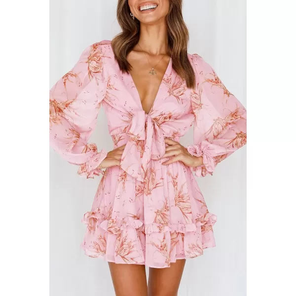 imagePRETTYGARDEN Womens Short ALine Flare Dress Knot Front Long Sleeve V Neck Tiered Ruffle Swing Mini Skater DressesPink Floral
