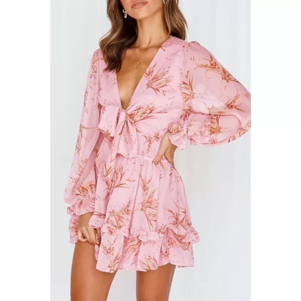 imagePRETTYGARDEN Womens Short ALine Flare Dress Knot Front Long Sleeve V Neck Tiered Ruffle Swing Mini Skater DressesPink Floral