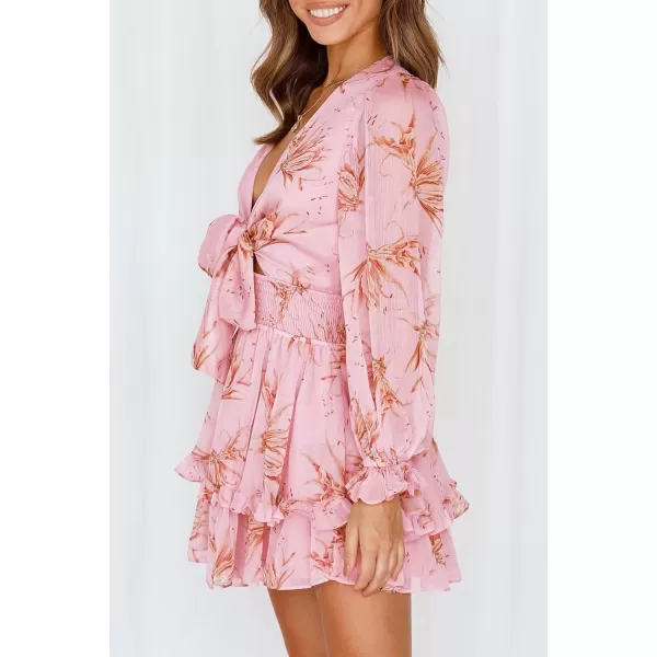 imagePRETTYGARDEN Womens Short ALine Flare Dress Knot Front Long Sleeve V Neck Tiered Ruffle Swing Mini Skater DressesPink Floral