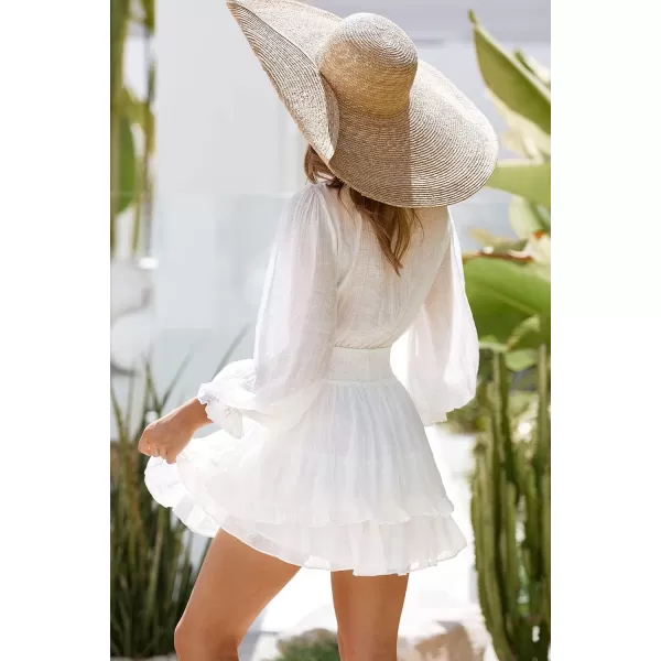 imagePRETTYGARDEN Womens Short ALine Flare Dress Knot Front Long Sleeve V Neck Tiered Ruffle Swing Mini Skater DressesWhite
