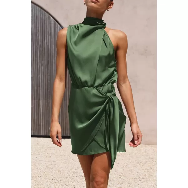 imagePRETTYGARDEN Womens Short Formal Satin Dress Summer Sleeveless Mock Neck Tie Waist Cocktail Party DressesArmy Green