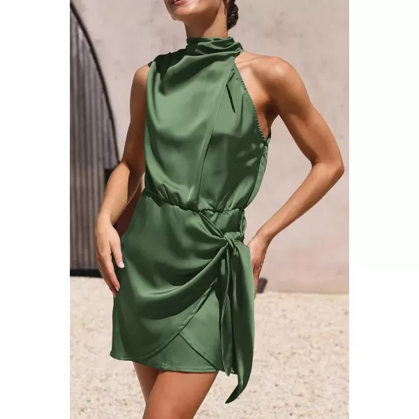 imagePRETTYGARDEN Womens Short Formal Satin Dress Summer Sleeveless Mock Neck Tie Waist Cocktail Party DressesArmy Green