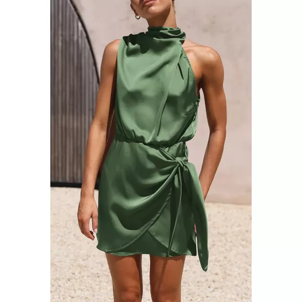 imagePRETTYGARDEN Womens Short Formal Satin Dress Summer Sleeveless Mock Neck Tie Waist Cocktail Party DressesArmy Green