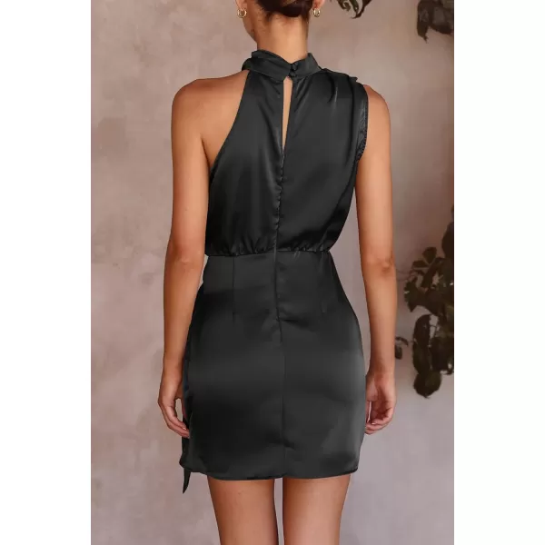 imagePRETTYGARDEN Womens Short Formal Satin Dress Summer Sleeveless Mock Neck Tie Waist Cocktail Party DressesBlack