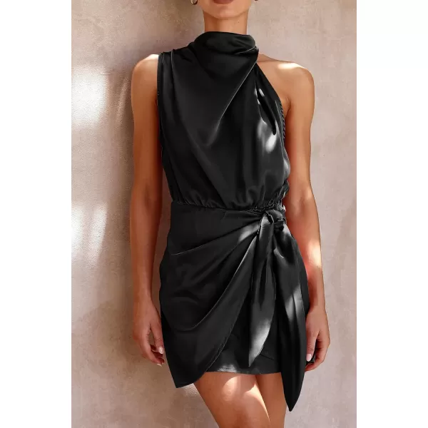 imagePRETTYGARDEN Womens Short Formal Satin Dress Summer Sleeveless Mock Neck Tie Waist Cocktail Party DressesBlack
