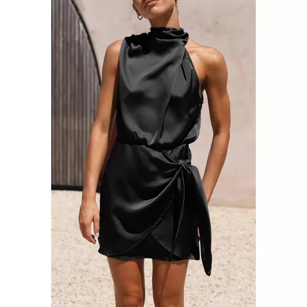 imagePRETTYGARDEN Womens Short Formal Satin Dress Summer Sleeveless Mock Neck Tie Waist Cocktail Party DressesBlack