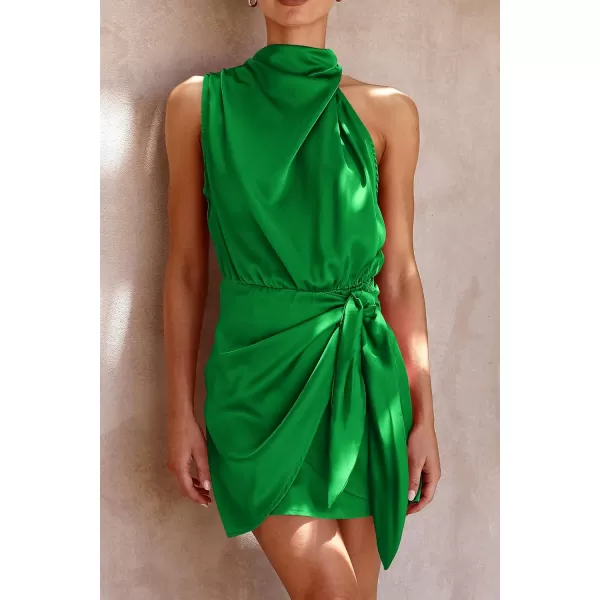 imagePRETTYGARDEN Womens Short Formal Satin Dress Summer Sleeveless Mock Neck Tie Waist Cocktail Party DressesBrilliant Green