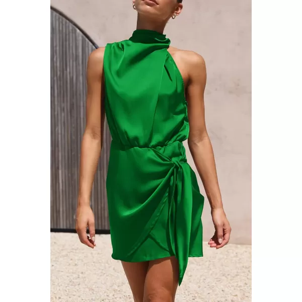 imagePRETTYGARDEN Womens Short Formal Satin Dress Summer Sleeveless Mock Neck Tie Waist Cocktail Party DressesBrilliant Green