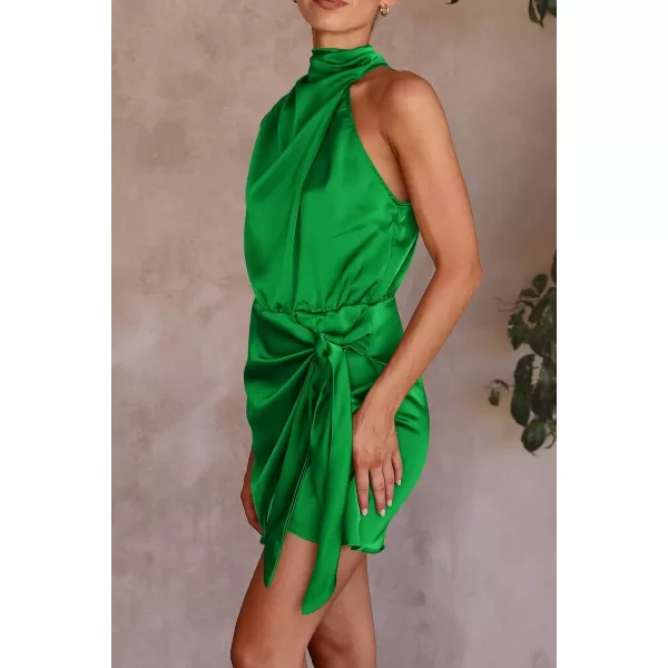imagePRETTYGARDEN Womens Short Formal Satin Dress Summer Sleeveless Mock Neck Tie Waist Cocktail Party DressesBrilliant Green