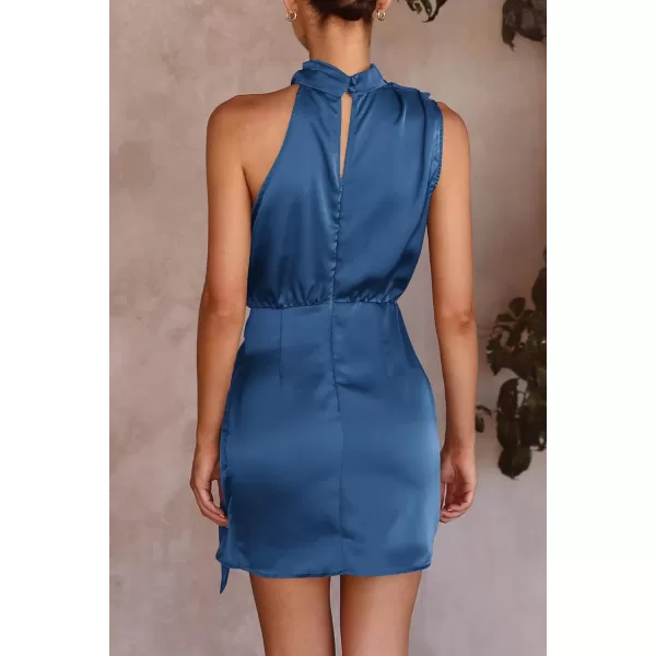 imagePRETTYGARDEN Womens Short Formal Satin Dress Summer Sleeveless Mock Neck Tie Waist Cocktail Party DressesDark Blue