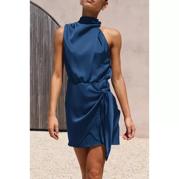 imagePRETTYGARDEN Womens Short Formal Satin Dress Summer Sleeveless Mock Neck Tie Waist Cocktail Party DressesDark Blue