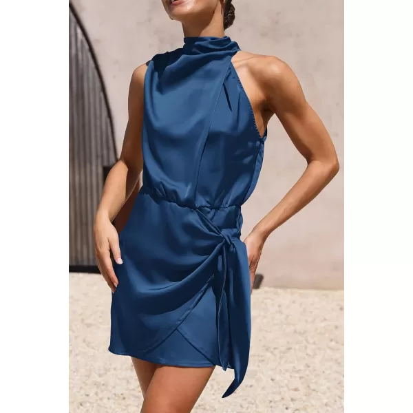 imagePRETTYGARDEN Womens Short Formal Satin Dress Summer Sleeveless Mock Neck Tie Waist Cocktail Party DressesDark Blue