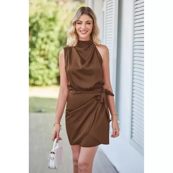 imagePRETTYGARDEN Womens Short Formal Satin Dress Summer Sleeveless Mock Neck Tie Waist Cocktail Party DressesDark Brown