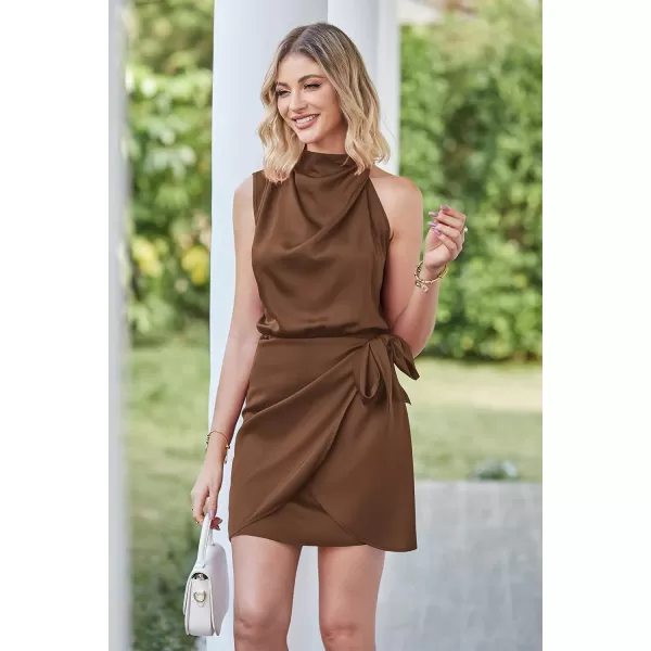 imagePRETTYGARDEN Womens Short Formal Satin Dress Summer Sleeveless Mock Neck Tie Waist Cocktail Party DressesDark Brown
