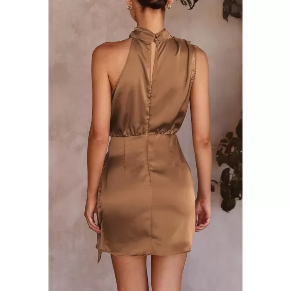 imagePRETTYGARDEN Womens Short Formal Satin Dress Summer Sleeveless Mock Neck Tie Waist Cocktail Party DressesDark Brown