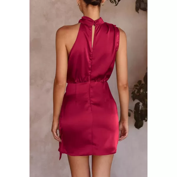 imagePRETTYGARDEN Womens Short Formal Satin Dress Summer Sleeveless Mock Neck Tie Waist Cocktail Party DressesDeep Red