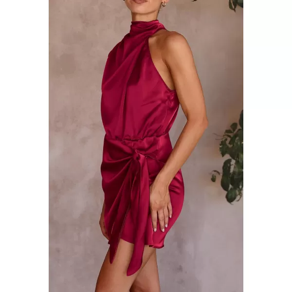 imagePRETTYGARDEN Womens Short Formal Satin Dress Summer Sleeveless Mock Neck Tie Waist Cocktail Party DressesDeep Red
