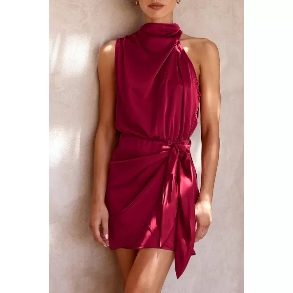 imagePRETTYGARDEN Womens Short Formal Satin Dress Summer Sleeveless Mock Neck Tie Waist Cocktail Party DressesDeep Red