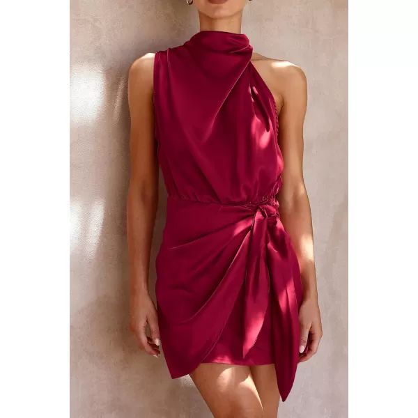 imagePRETTYGARDEN Womens Short Formal Satin Dress Summer Sleeveless Mock Neck Tie Waist Cocktail Party DressesDeep Red