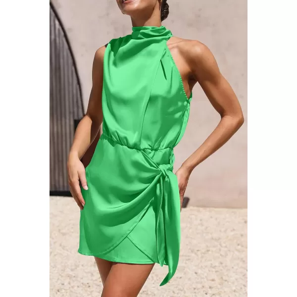 imagePRETTYGARDEN Womens Short Formal Satin Dress Summer Sleeveless Mock Neck Tie Waist Cocktail Party DressesGrass Green
